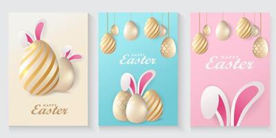 set of greeting card easter day banners with eggs and rabbits vector