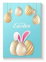 easter card background with golden eggs and bunny on blue gradient vector