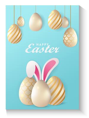 easter card background with golden eggs and bunny on blue gradient