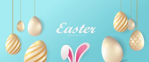 easter background with golden eggs and bunny and copy space vector