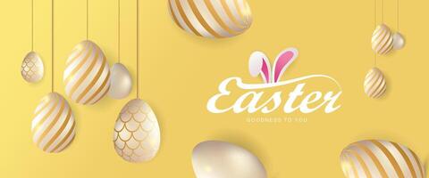 easter eggs hanging from strings on a yellow background vector