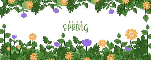tropical spring or mothers day banner with flowers and grass background with the word hello spring vector