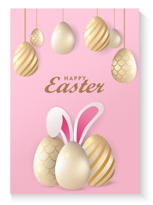 happy easter day poster card with golden eggs and bunny on pink background