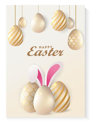 happy easter greeting card with golden eggs and bunny