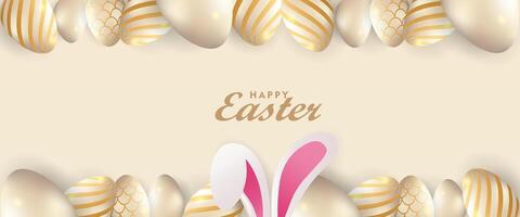 easter banner background with golden eggs and bunny ears and copy space vector