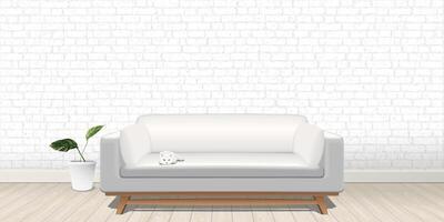 A cat lying on sofa in living room with white brick block wall and whitewashed wooden floor graphic illustration have blank space. vector