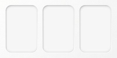White wood free uncoated paper rough textured with three of blank 3D rounded rectangle vertical frames paper cut style graphic illustration. vector