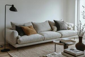 Serene Living Room Interior Design with Neutral Tones and Textured Fabrics photo
