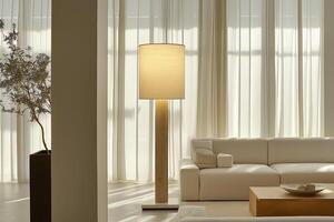 Modern Minimalist Living Room with Wooden Floor Lamp photo