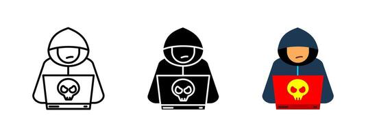 Hacker icon. A hooded figure using a laptop with a skull symbol, representing cyber threats, online fraud and identity theft. Symbol of cybersecurity risks and digital crime. Data protection concept. vector