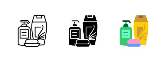 Hygiene icon. Bottles of liquid soap and shampoo with a bar of soap on a dish. Personal care and cleanliness illustration. Concept of skincare, hand hygiene and antibacterial protection. vector