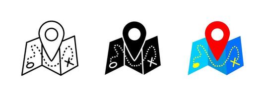 Map navigation icon. Folded map with route path and location pin. Travel direction and GPS positioning symbol. Exploration and wayfinding illustration. Tourism and adventure concept. vector