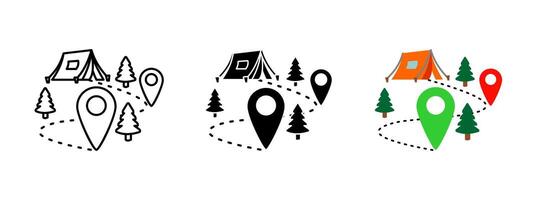 Camping map route icon. Navigation path with location markers leading to a campsite. Outdoor adventure and hiking trail illustration. Travel, trekking and wayfinding symbol for camping trips. vector