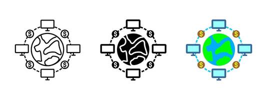 Global financial network icon. Digital world map with computers and dollar signs. Symbol of global transactions, cryptocurrency and blockchain. Online commerce and investment concept illustration. vector