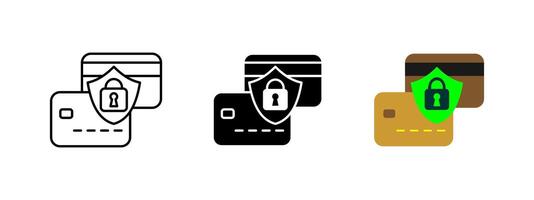 Payment security icon. Credit and debit cards with shield and lock symbol. Representation of fraud prevention, secure transactions and financial protection. Online banking and digital safety concept. vector