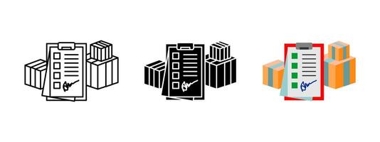 Delivery checklist icon. A clipboard with a signed checklist and stacked packages. Storage and warehouse sign. Order tracking, inventory management and supply chain organization illustration. vector