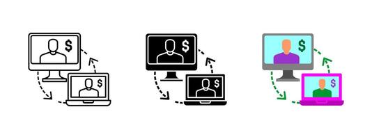 Online financial transaction icon. Digital payment exchange between computer and laptop screens. Symbol of internet banking, fintech and global finance. Secure money transfer concept. vector