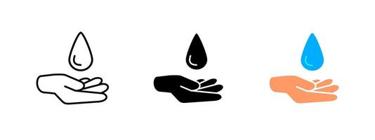 Water drop in hand icon. Droplet falling into open palm. Hydration, hygiene and environmental care symbol. Represents purity and water conservation. illustration of cleanliness. vector