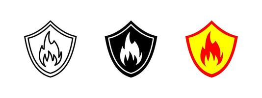 Fire protection shield icon. Safety emblem with a flame symbol representing fire prevention and security. Concept of heat resistance, hazard control and emergency sign. vector