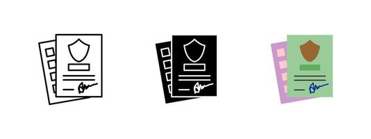 Insurance policy icon. Official contract document with shield symbol and signature. Representation of financial security, risk coverage and legal protection. Assurance and agreement concept. vector