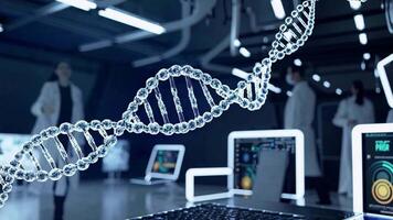 AI-assisted gene editing, with glowing DNA strands and CRISPR molecules in a lab setting. video