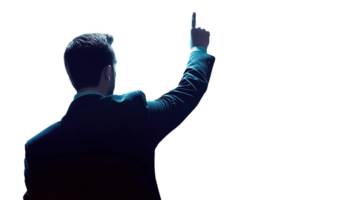 A Suited Man Interacting with a Digital Screen, A Suited Man Touching invisible Screen, Back View, Isolated on a Transparent Background png
