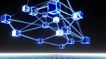 decentralized blockchain network with glowing blocks and chains forming in a 3D space. video