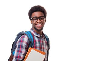 Smiling Young African Student with Books and Backpack, Isolated on Transparent Background with Copy Space png