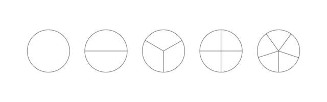 Pie chart template from 1 to 5. Segmented charts. Many number of sectors divide the circle on equal parts. Outline black graphics. Pizza charts set. Segments minimal infographic. Diagram wheel parts. vector
