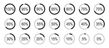 Round diagrams icons for infographics from 0 to 100 percent. Percentage infographics elements. Black, grey color fill divided pie charts minimalist indicator. Circle graph loading progress mockups. vector
