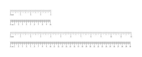 Inch and metric rulers. Measuring tool templates. 4, 12 inches, 10, 30 centimeters measuring scales mockups. Scale for ruler in centimeters, inches. Measuring scales icons. Metrics indicator cm, inch. vector