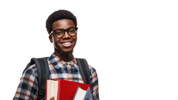 African Student Smiling, Carrying Books and Wearing Glasses, Transparent Background with Copy Space png