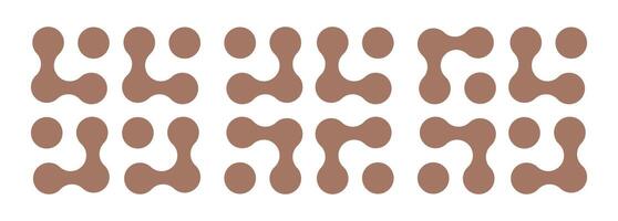 Metaball icons in mocha mousse color. Connected dots trendy signs. Integration abstract symbol. Circles simple pattern. Point movement. Connected blobs. Metaballs transition. Set of minimal flat logos vector