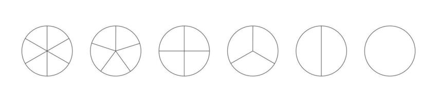 Circle division on from 1 to 6 equal parts. Round divided diagrams with from one to six segments. Infographic set. Coaching blank. Outline graphics. Set of pizza, pie charts. Segmented pinwheel black. vector