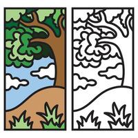 Tree on the hill coloring page side to side. vector