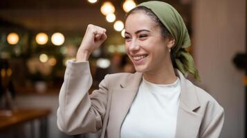 Confident Young Woman Celebrating in a Cafe photo