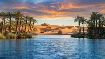Serene Oasis in Desert Landscape at Sunset photo
