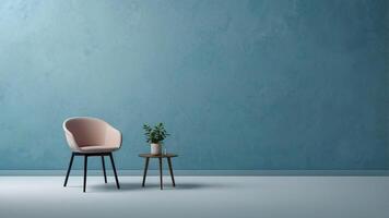 A chair and table in front of a blue wall photo