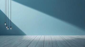 An empty room with blue walls and light bulbs photo