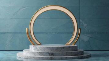 A marble pedestal with a golden oval on top photo