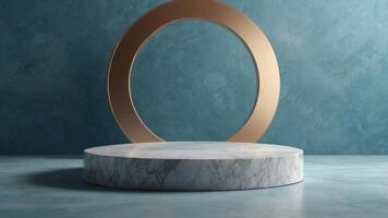 Golden oval on marble pedestal in front of blue wall photo