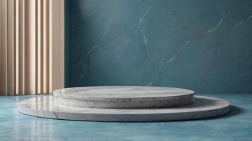 A marble pedestal in front of a blue wall photo