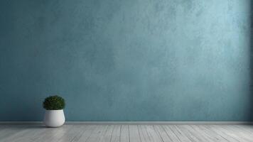 An empty room with a blue wall and wooden floor photo