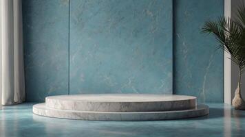 A marble pedestal in front of a blue wall photo