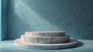 A marble pedestal in front of a blue wall photo