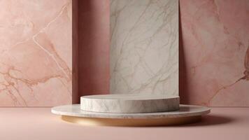 Marble pedestal in pink and gold against a pink wall photo