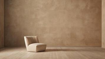 A chair in an empty room with a wall photo