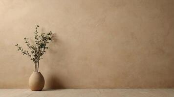 A vase with a plant in front of a wall photo