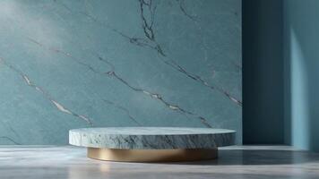 A marble table in front of a blue wall photo