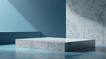 A marble table in a blue room with a wall photo